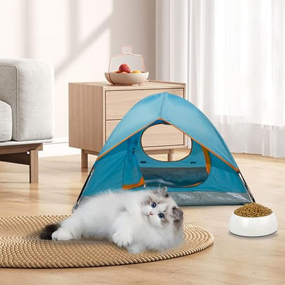 ASFANES Outdoor Waterproof Pet Camping Tent, Cave Bed for Indoor Cats and Small Dogs, Portable Cat House Dog House, 21.6x21.6x14.9'', Blue, S.(The Pole has Been Improved)