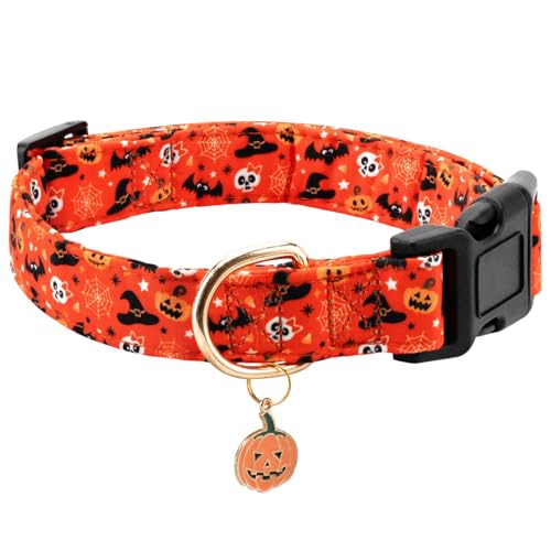 Personalized Halloween Dog Collars,Adjustable Puppy Collars with Safety Buckle for Small Medium Large Dogs,Cute Orange Pumpkin Pattern Pet Collar for Boy Girl Dogs. (Orange Pumpkin, L) - color: Orange Pumpkin, size: L