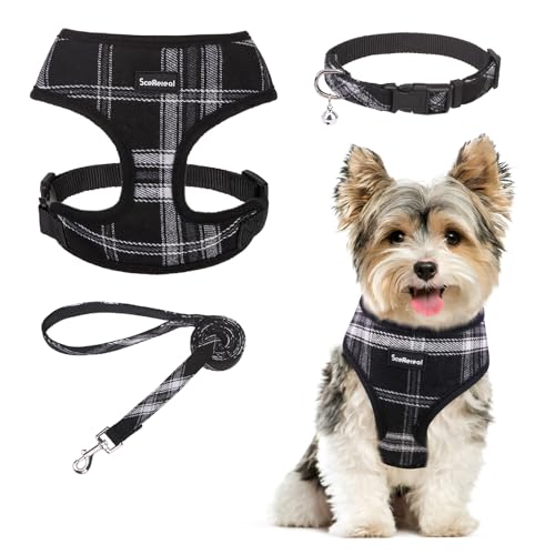 SCENEREAL No Pull Dog Harness Collar and Leash Set Small Medium Sized Dog, Soft Mesh Puppy Harnesses, No Chock Plaid Adjustable Pet Vest for Outdoor Walking Training and Running, Black XS - color: Black & White (With Collar), size: XS: Chest Girth: 10"-14