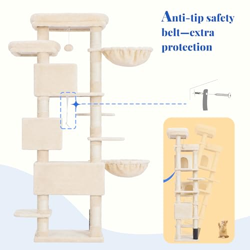 Hey-brother Cat Tree, 74 inches Multi-Level XL Large Cat Tower for Indoor Cats with Three Cat Condos, Two Large Top Decks and Cat Hairbrushfor Kittens, Cats and Pets, Beige MPJ035-MM - color: Beige