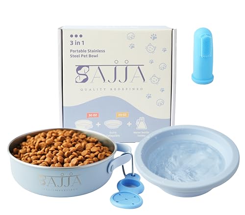 2-in-1 Travel Dog & Cat Bowl – Collapsible BPA-Free Silicone & 18/8 Stainless Steel, Portable & Non-Slip with Handle, Easy to Clean, Food & Water Bowl for On-the-Go Pets, Bottle/PoopBag Holder - color: Blue Bowl