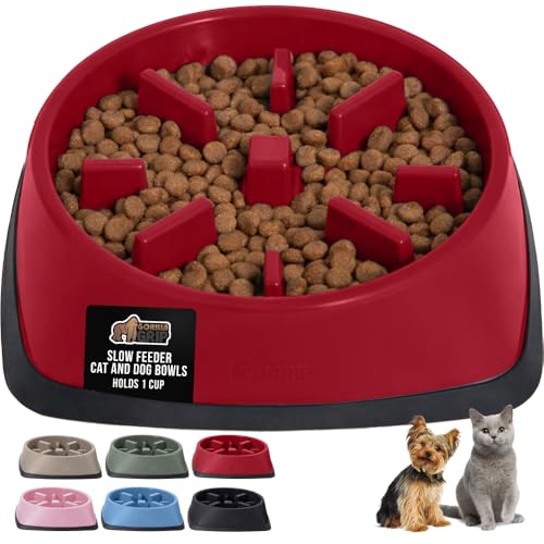 GORILLA GRIP® Patented BPA Free Slow Feeder Dog Bowls, Interactive Puzzle Toy for Dogs and Cats Food Training Enrichment, Keeps Pets Busy and Prevents Puppy Overeating, Small Breeds, 1 Cup, Red - color: Red, size: 1 Cup