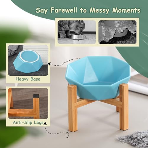 Green with Stand Ceramic Tilted Elevated Raised Pet Bowl with Bamboo Stand for Cats and Dogs No Spill Pet Food Water Feeder - color: Green with stand
