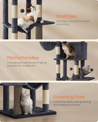 Feandrea Cat Tree, 69-Inch Tall Cat Tower, Multi-Level Plush Condo with 2 Caves, 2 Baskets, 5 Scratching Posts, Self-Groomer, Perch, Hammock, Dark Gray UPCT182G02 - color: Dark Gray