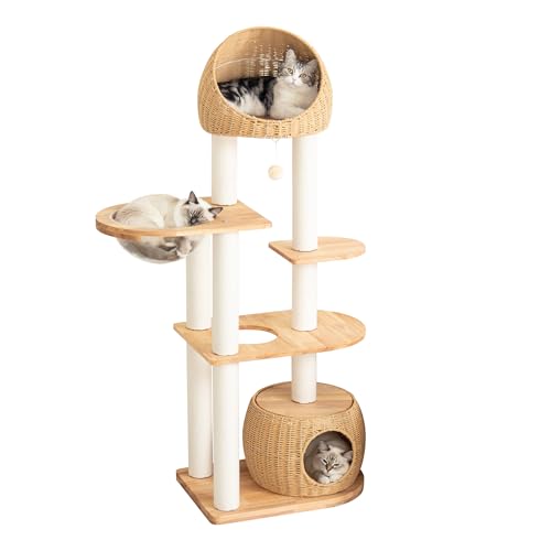 Wood Cat Tree for Large Cat, 60-Inch Tall Cat Tower with Scratching Post for Indoor Cats, Multi-Level Cat Condo with Hand-Woven Cat Bed and Acrylic Bowl Easy to Clean (Brown-81004S) - color: Nature 81004