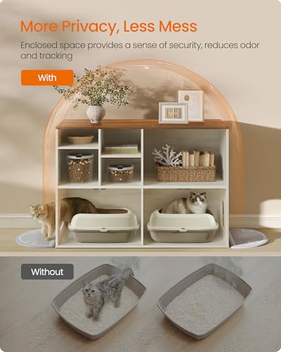Feandrea Litter Box Enclosure for 2 Cats, Hidden Litter Box Furniture with Storage Cabinet, Double Room, Farmhouse Indoor Cat House Washroom, Honey Brown and Rustic White UPCL032WJ03 - color: Honey Brown + Rustic White, style: Farmhouse
