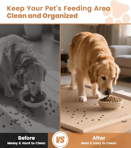Dog Food Mat 36"x24", Waterproof Pet Feeding Mat with Diversion Grooves and Raised Edges, Large Non-Slip Dog Bowl Mat for Food and Water, Cat Food Mat for Floors, Easy to Clean, Khaki - color: Khaki