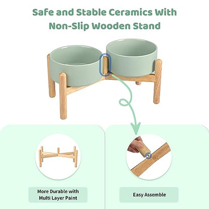 SPUNKYJUNKY Ceramics Raised Dog Bowls with Wooden Stand - Elevated Bowls for Small Medium Dogs (Double 28.7OZ, Light Green) - color: Light Green (Double Bowls Set), size: Medium - 3.6 CUPS