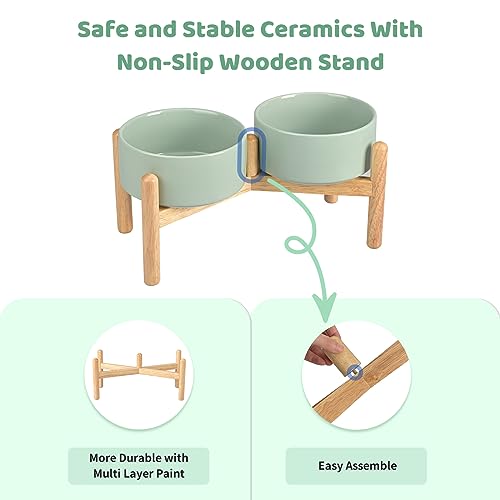 SPUNKYJUNKY Ceramics Elevated Dog Bowls with Wooden Stand Raised Bowl for Medium Large Dog Food and Water Pet Feeding Bowl(Double 60OZ Bowls,Light Green) - color: Light Green (Double Bowls Set), size: Large - 7.6 CUPS