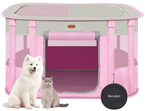 Seiyierr Foldable Pet Playpen - Cat & Puppy Playpen, Travel Dog Crate with Carrying Case, Cat Tent Dog Pen for Outdoor Camping Use - color: Pink, size: X-Large(45''×34''×26'')
