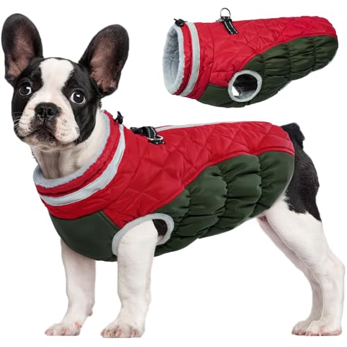 FUAMEY Dog Coat for Small Dogs,Waterproof Dog Winter Jacket with Harness Built in Puppy Cold Weather Coats Reflective Pet Vest with Zipper Warm Fleece Dogs Snowsuit Windproof XS - color: Christmas, size: XS(chest:14in)