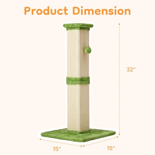 32" Tall Cat Scratching Post, Cat Scratcher with Heavy Duty Thick Wood Base, Cat Tower with Natural Sisal Rope and Hanging Ball, Plant-Like Design Scratching Post, for Small and Adult Kittens, Green - color: LIght Green