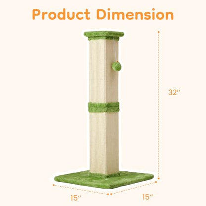 32" Tall Cat Scratching Post, Cat Scratcher with Heavy Duty Thick Wood Base, Cat Tower with Natural Sisal Rope and Hanging Ball, Plant-Like Design Scratching Post, for Small and Adult Kittens, Green - color: LIght Green