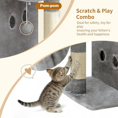 Heybly Cat Tree, 25.6-inch Cat Tower with Spacious Top Perch for Large Cats, Stair-Style Cat House Furniture with Dual-Layer Condos, Sisal Scratching Posts, Cozy Basket & Pompom, Light Gray HCT204SW - color: Light Gray, size: 25.6 inch