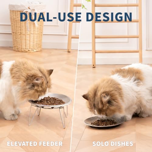 WROSWT Elevated Cat Bowls, Separable Dishes for Solo Use, 304 Stainless Steel Raised Cats Plates for Wet Food, Extra Wide Shallow Design for Whisker Relief, Non-Slip Silicone Base Kitten Feeder, 2 Set - size: Raised Bowls - 2 Pack