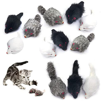 Rabbit Fur Cat Toys Interactive Cat Toy Mouse with Rattle Fake Mice Kitten Toys for Indoor Cats Fuzzy Cat Mice Toys Realistic Squeaky Mouse Cat Toy Furry Mice Cat Toys,12Pcs