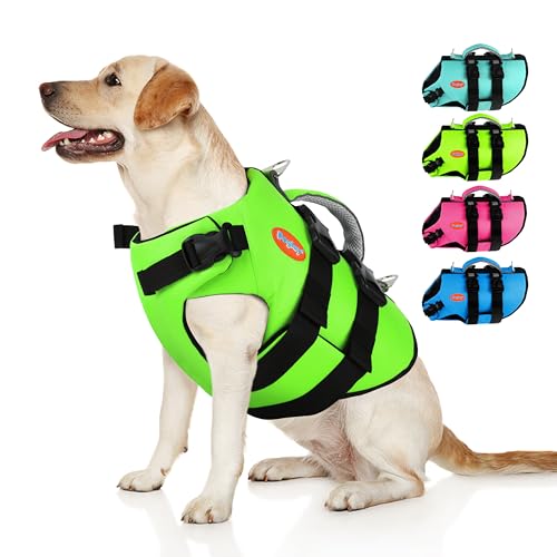 Dog Life Jacket Neoprene, High Buoyancy Dog Harness Life Vest for Swimming and Boating, Adjustable Swim Vest with Rescue Handle for Small Medium Large Dogs - color: Fluorescent Green, size: X-Large