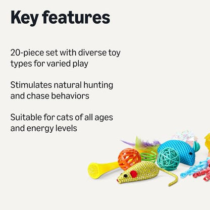 Amazon Basics Cat Toy Set, 20 Piece Variety Pack with Teaser, Ball, Feather, Spring - style: cat toy kits