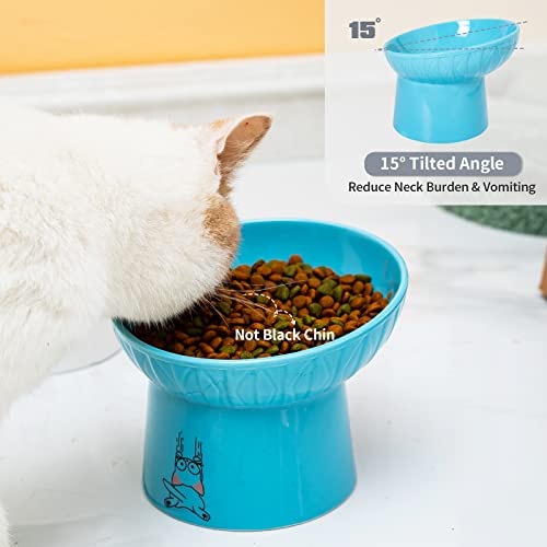 6.5 Inch Extra Wide Ceramic Raised Cat Bowls, Porcelain Tilted Elevated Cat Food Water Bowl Dish, Stress Free Pet Feeder Bowls Dishes for Elder Big Cats & Small Dogs, White & Blue - color: White & Blue