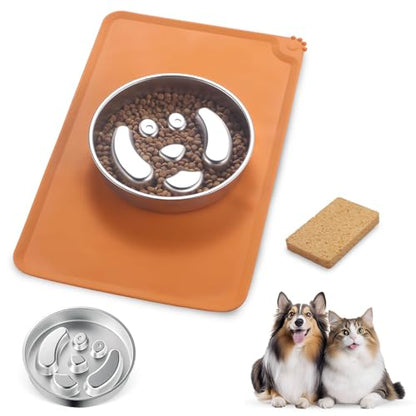 Stainless Steel Slow Feeder Dog Bowls – Non-Slip Metal Dog Bowl for Large & Medium Breeds, Puppy Puzzle Feeder – 2 Cup Capacity for Small to Big Pets – Durable Slow Feed Dog & Cat Food Dish with Mat - color: Face With Mat