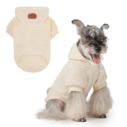 BEAUTYZOO Dog Hoodie with Leash Hole and Pocket,Dog Sweaters for Small Medium Large Dogs Boys Girls,Waffle-Like Laminated Cotton Warm Outfits for French Bulldogs, Pitbull, Winter Puppy Clothes Jacket - color: Cream, size: S/M (Back: 14",Chest: 19", Neck: