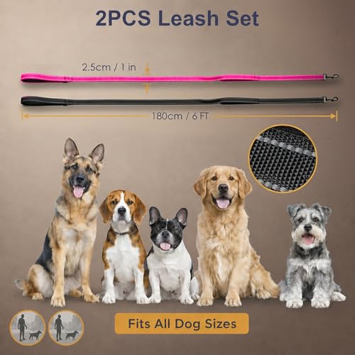 2 Pack Dual Handle Dog Leash, 6ft x 1in Heavy Duty Reflective Nylon Leash with Padded Grip, Traffic Handle, D-Ring, Tangle-Free Dog Lead for Small, Medium & Large Dogs, Safe Night Walks (Black+Rose) - color: 2PCS-Black+Pink