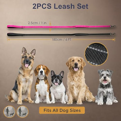 2 Pack Dual Handle Dog Leash, 6ft x 1in Heavy Duty Reflective Nylon Leash with Padded Grip, Traffic Handle, D-Ring, Tangle-Free Dog Lead for Small, Medium & Large Dogs, Safe Night Walks (Black+Rose) - color: 2PCS-Black+Pink