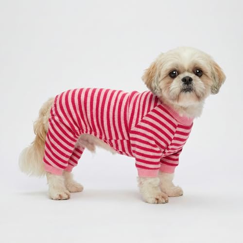 Fitwarm Pink and Red Striped Dog Pajamas, Waffle Dog Clothes for Small Dogs Girl Boy, Puppy Onesie with Feet, Pet Cat Outfit, Small - color: LightPink, size: Small