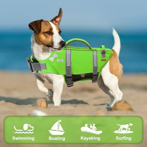 EMUST Dog Life Vests, Adjustable Dog Life Jacket with Rescue Handle, Dogs Flotation Vest for Small/Medium/Large Dogs, XS, NewGreen - color: NewGreen, size: XS