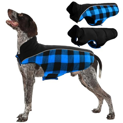 Kuoser Dog Winter Coat, Reversible Waterproof Dog Jacket with Reflective Strip, Warm Dogs Fleece Vest Adjustable Doggy Cold Weather Clothes Plaid Christmas Outfit Pet Apparel for Medium Dogs, Blue M - color: Blue, size: Medium (Chest Girth: 17.3-20.9'' )