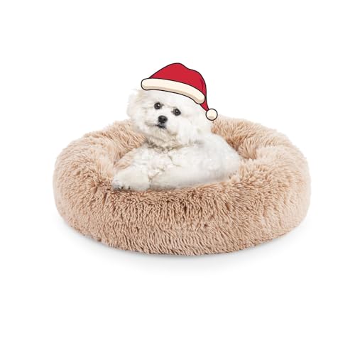 FluffyDream 24 Inch Donut Bed for Dogs, Calming, Brown, Washable, Plush Fur Dog Cuddle Bed - color: Brown, size: Donut - 24''L x 24''W x 8''H