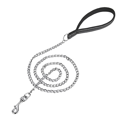 Chew Proof Metal Chain Leash,Nylon Handle with Soft Neoprene Padding and Reflective Stripe for Small Dogs.(S, Black Handle) - color: Reflective Black, size: Small