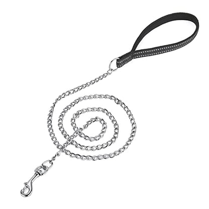 Chew Proof Metal Chain Leash,Nylon Handle with Soft Neoprene Padding and Reflective Stripe for Small Dogs.(S, Black Handle) - color: Reflective Black, size: Small