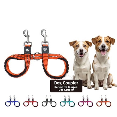 Kruz Double Dog Leash for Two Dogs (Width - 5/8”, Length 14”-27”) Dual Leash Coupler with Tangle-Free Swivel, Shock-Absorbing Reflective Bungee for Comfortable Walking & Training (Orange, Small) - color: Orange, size: Small: 5/8" x 14"