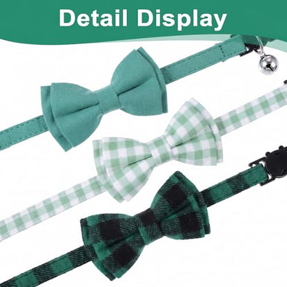 3pcs Bow Tie Cat Collar with Bells, Breakaway Bowtie Plaid Cat Collar, Soft Adjustable Bow Cats Collars for Kitten Puppy and Small Pets(Green) - color: dark green