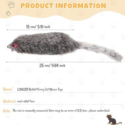 12 Pcs Large Rabbit Fur Mouse Cat Toy, Interactive Mice Kitten Toys, Realistic Fake Furry Mouse for Kittens and Cats Indoor Playing