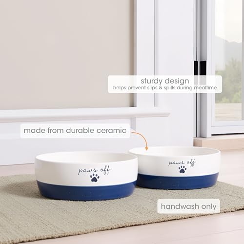 Pearhead Ceramic Cat Bowl – Navy Blue “Paws Off” Design, Holds 12 oz, Stoneware Pet Dish, Non-Skid Feeding Bowl - color: Navy Paws Off, size: Single Bowl