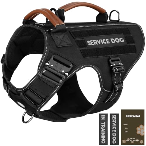 Tactical Dog Harness - HEYCAHVA Service Dog Vest Full Metal Buckles Dog Vest for Medium Large Dog Reflective No Pull Dog Harnesses Vest with Leather Handle, Hook & Loop for Hiking Training (Black, M) - color: Black, size: Medium