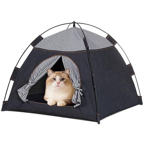 Gigreinc Cat Tent for Indoor & Outdoor - Breathable Mesh with Stylish Denim Plaid Pattern - Portable Cat House, Puppy Tent L Size (22.8×22.8×18.5 Inches) for 12-20 lbs. Pets.