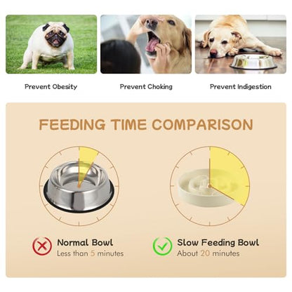 Havniva 6.1” Raised Slow Feeder Dog Bowls Set, 0.9 Cups Ceramic Slow Feeder Dog Bowl and 6.1” Dog Water Bowl with Elevated Wooden Stand Puzzle Dog Food Bowl for Small Dogs Anti-Gulping & Anti-Choking - color: 2 x Light Yellow+Stand-A, size: 6.1inch-New