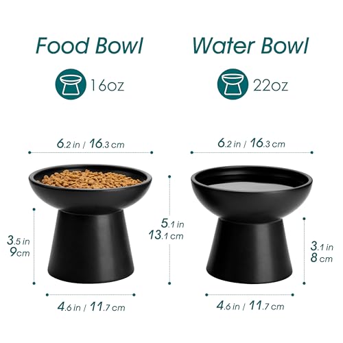 vancasso Ceramic Elevated Cat Bowls 2-Pack - 6.2" Extra Wide Raised Cat Food & Water Dishes, 5.1" Optimal Height Anti-Whisker Fatigue Shallow Bowls for Cats/Kittens/Dogs, Lead & Cadmium Free (Black) - color: Black