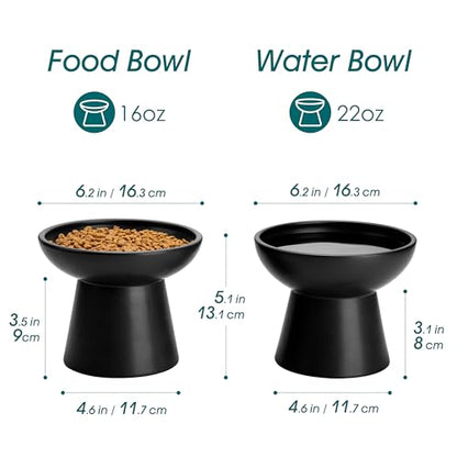 vancasso Ceramic Elevated Cat Bowls 2-Pack - 6.2" Extra Wide Raised Cat Food & Water Dishes, 5.1" Optimal Height Anti-Whisker Fatigue Shallow Bowls for Cats/Kittens/Dogs, Lead & Cadmium Free (Black) - color: Black