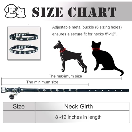 2 Pack Leather Cat Collar Breakaway with Bells and Pendant Adjustable Spiked Kitten Collar for Boy Cats Gothic Studded Cat Collar Moon and Star Black 8”-12”