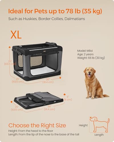 Feandrea Collapsible Dog Crate, 36-Inch Portable Dog Travel Crate for Large Dogs, Oxford Fabric Pet Carrier with 4 Mesh Doors, Handles, Storage Pocket, Water Bottle Holder, Ink Black UPDC019B01 - size: XL（36"L x 25"W x 25"H）