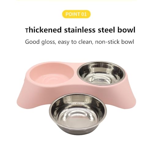 Double Dog Bowl, Stainless Steel Double Bowl, Anti-Slip, Anti-Spill and Removable(Pink-Medium)