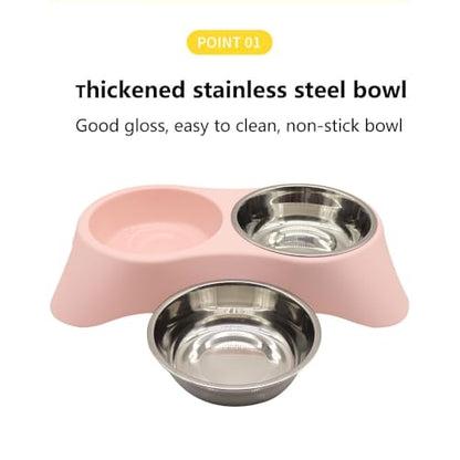 Double Dog Bowl, Stainless Steel Double Bowl, Anti-Slip, Anti-Spill and Removable(Pink-Medium)