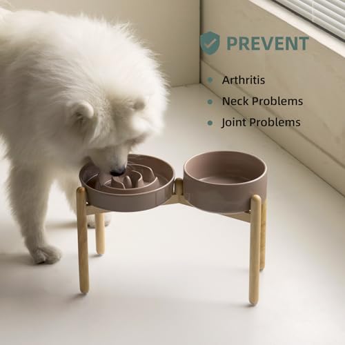 Havniva 9.5” Raised Slow Feeder Dog Bowls Set, 3.2 Cups Ceramic Slow Feeder Dog Bowl and 8.2” Dog Water Bowl with Elevated Wooden Stand Puzzle Dog Food Bowl for Large Dogs Anti-Gulping & Anti-Choking - color: 2 x Brown Coffee+Stand-A, size: 9.5inch