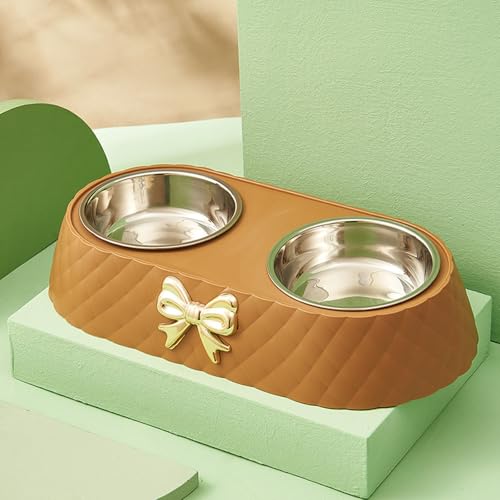 Functional Double Dog Cats Bowls, Removable Dog Bowl Set, Cute Stainless Steel Bowl with Non-Spill Plastic Mat for Rabbit Puppy Cats Small Medium Dogs Water ＆ Food (Coffee) - color: Coffee