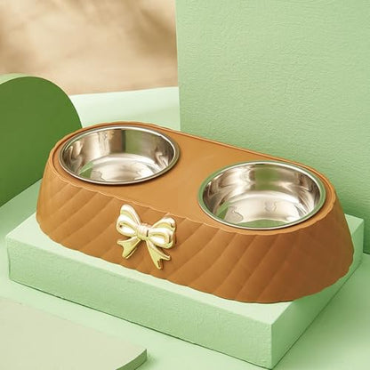Functional Double Dog Cats Bowls, Removable Dog Bowl Set, Cute Stainless Steel Bowl with Non-Spill Plastic Mat for Rabbit Puppy Cats Small Medium Dogs Water ＆ Food (Coffee) - color: Coffee