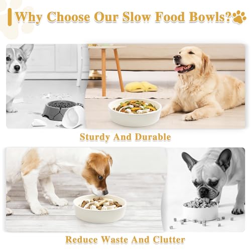 Ceramic Slow Feeder Dog Bowls, 1.5 Cups Dog Food Dish for Medium and Large Breed, Puzzle Dog Food Bowl for Fast Eater, 28OZ, 8.15 inch(Beige) - color: Beige-L